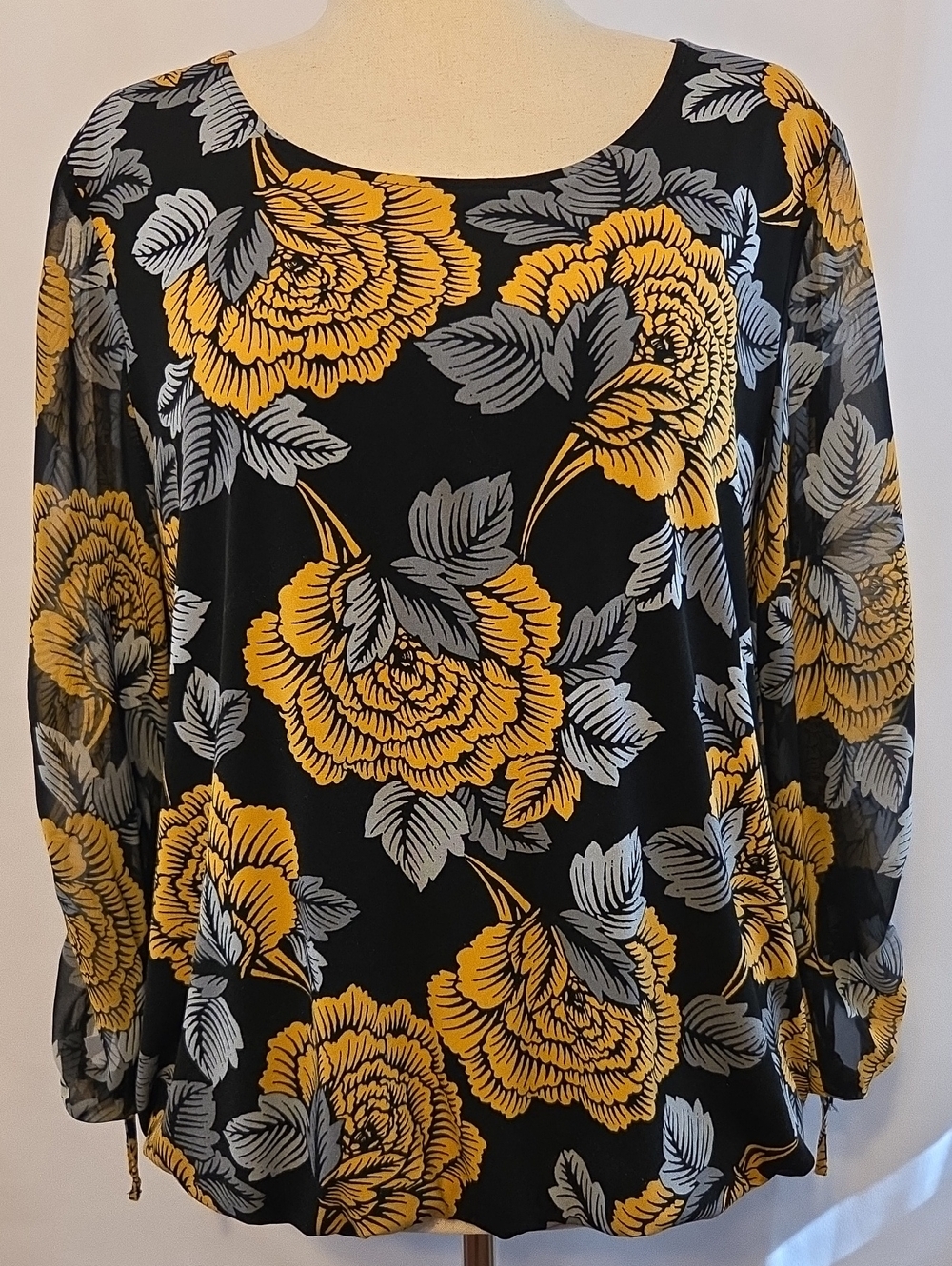 Alfani Black Blouse with Mustard Floral Print Sz L